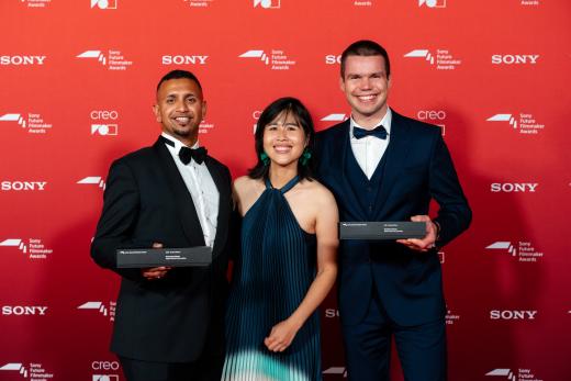 Hayder Hoozeer (UK) & Franz Böhm (Germany), winners of the Student category, with their cinematographer Hsien Yu Niu, at the Sony Future Filmmaker Awards 2025 ceremony