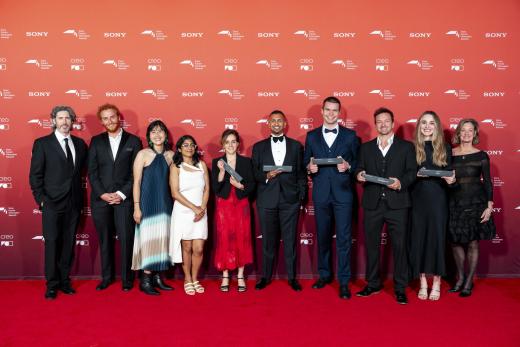 Winning filmmakers with judges: Jason Reitman, Minhal Baig and Elizabeth Gabler at the Sony Future Filmmaker Awards 2025 ceremony