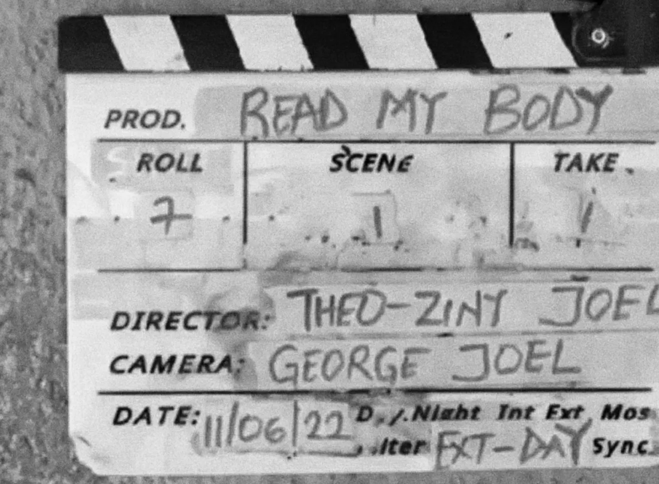 Clapperboard for Theo-Ziny Joel's shortlisted film Read My Body